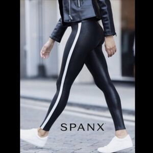 SPANX Shine Black Faux Leather White Stripe Legging